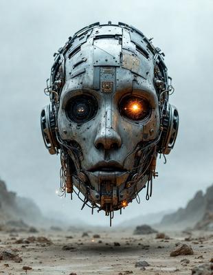 The primary subject of the image is a futuristic robot head with a metallic appearance. The robot head is the main focus of the image, and it is set against a backdrop of a rocky, barren landscape. The visual style of the image is a combination of photo and digital art, creating a unique and intriguing scene. The colors in the image are predominantly metallic and dark, giving the image a moody and futuristic atmosphere.